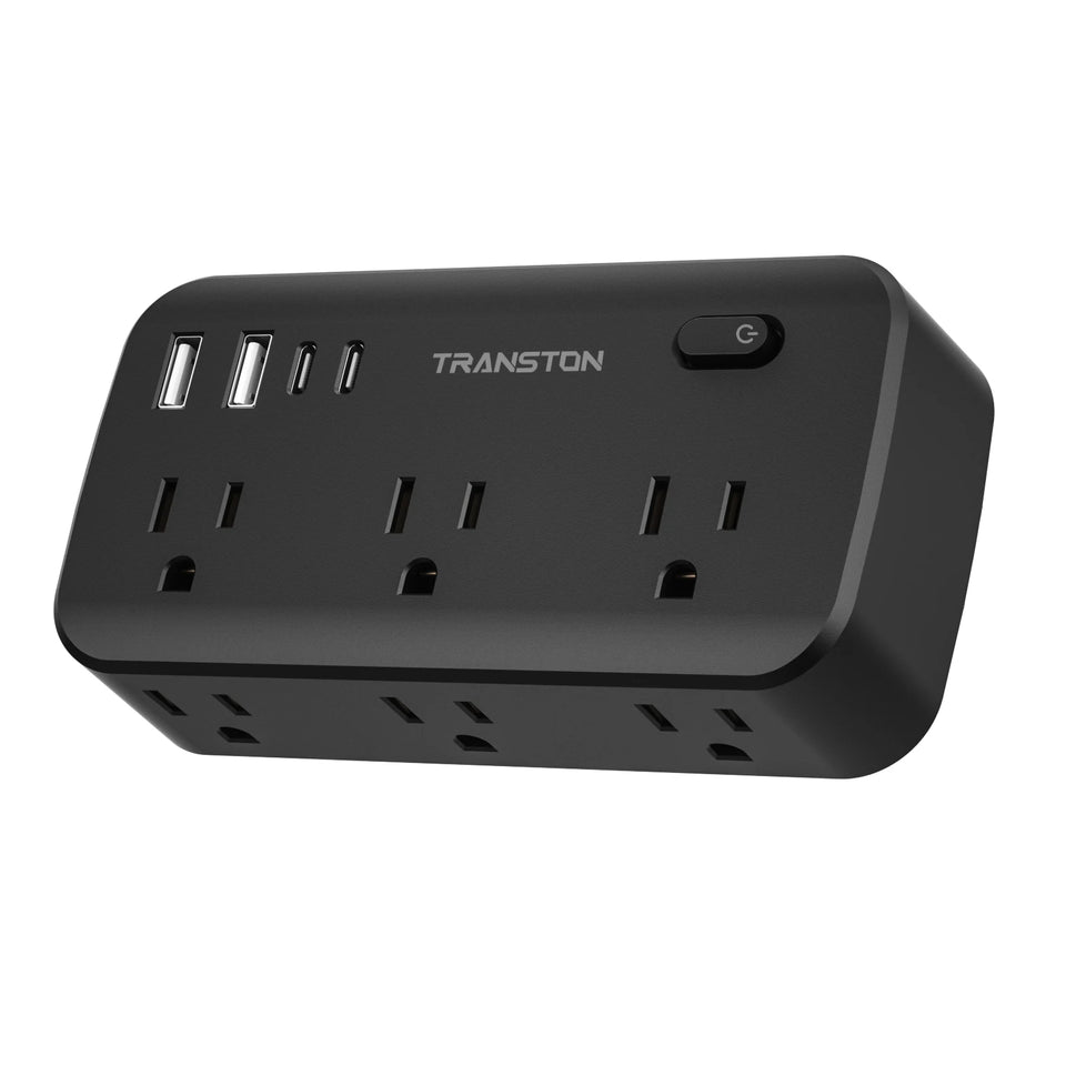 black-power strip surge protector with 6 AC Outlets,2 USB & 2 USB-C Fast Charging Ports,10 in 1,45°tilt plug,Advanced Protection