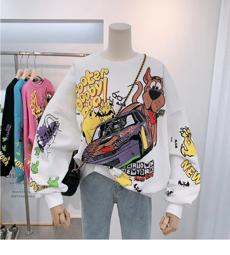 Letter Printing Sweatshirt Women High Street Cartoon Puppy Car Clothes Casual Crew Neck Sweater Bulk Items Wholesale Lots