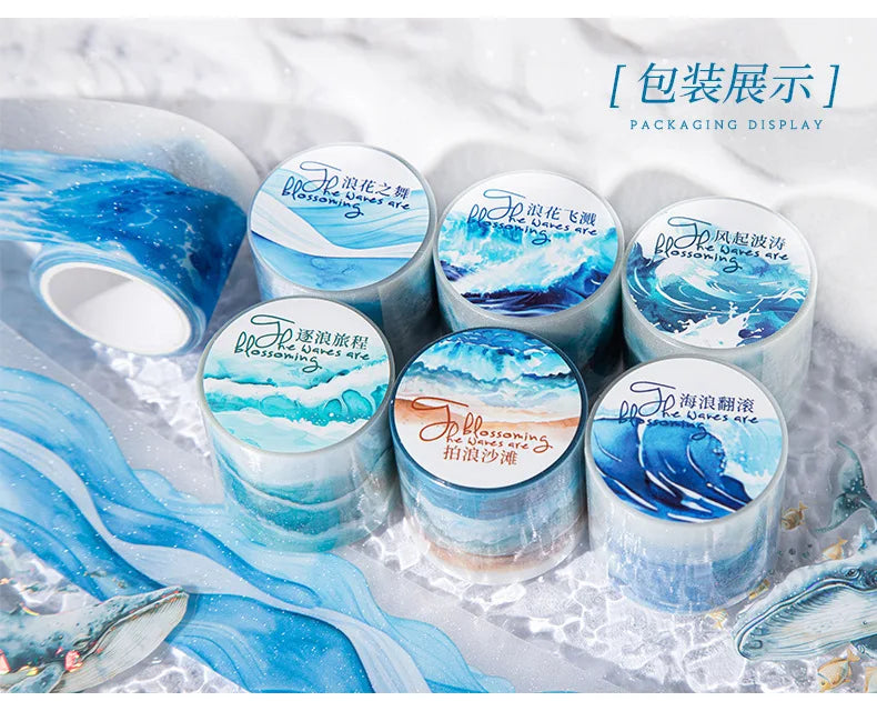 Mr. Paper, 200cm/roll, Wave Themed Material Tape, Decorative Collage Scrapbook, Photo Frame, Phone Case, Notebook, Water Cup