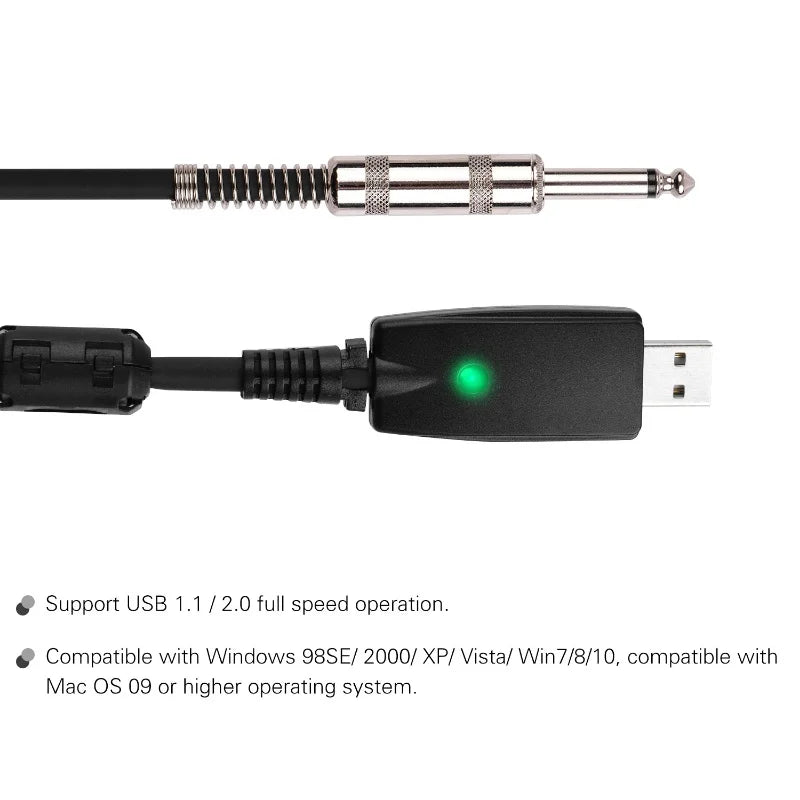 USB Guitar Audio Cable USB Male Interface To 6.35mm (1/4inch) Mono Electric Guitar Connection Cable Professional Guitar To PC