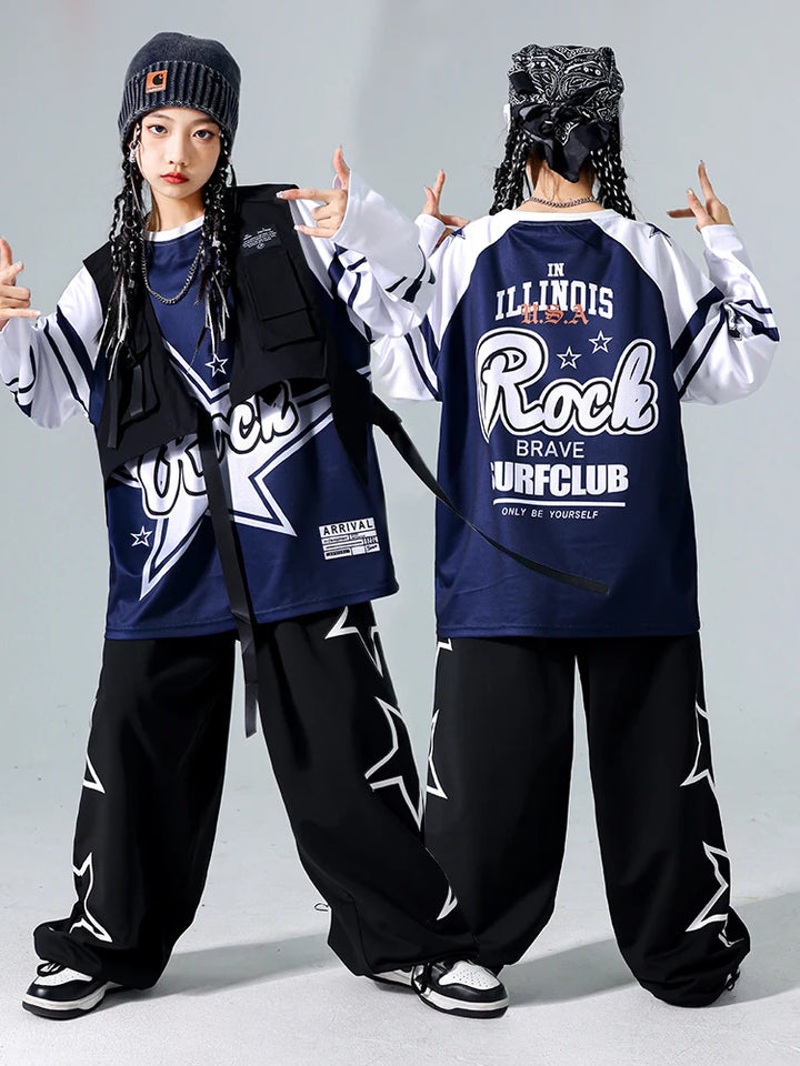Girls Hip Hop Star Sweatshirt Vest Joggers Pants Boys Cool Streetwear Clothes Set Kids Children Jazz Street Dance K-pop Costumes