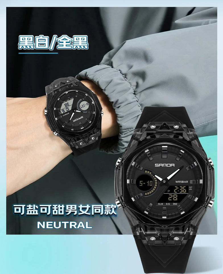 SANDA Top New 6283 Dual Display Multifunctional Student Electronic Watch Alarm Clock Night Light Waterproof Sports Student Watch