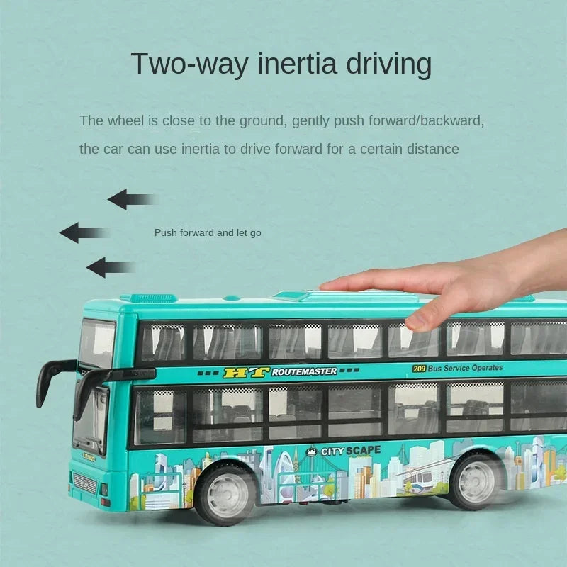 Children Inertia Pull Back Vehicles Toy Double Decker Sightseeing Bus Open Door Lights Music Die Cast Vehicles Toys for Boys