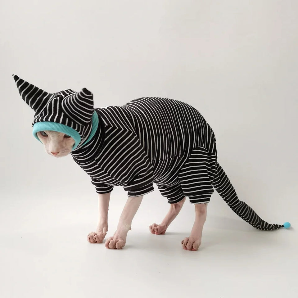 Four Legged Striped Shirt Hat Tail Cover Suit for Sphynx Cat Spring Black Sweatshirt for Kittens Hairless Warm Autumn Costumes