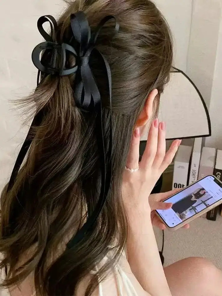 Fashion Black Bow Ribbon Hair Claw Clips Women Temperament Elegant Hairpin Princess Headdress Grab Clip Girls Hair Accessories