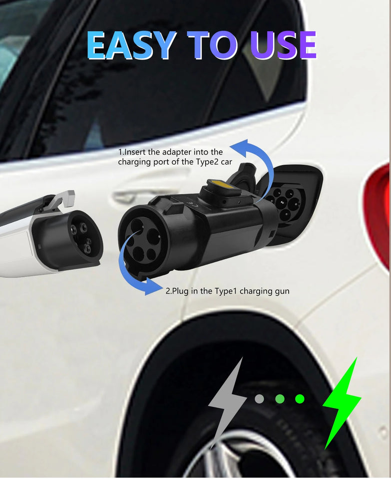 Type 1 to Type 2 EV Charger Adapter 32A EV Charger Connector SAE J1772 to Type 2 Adapter for Electric Vehicle Charging
