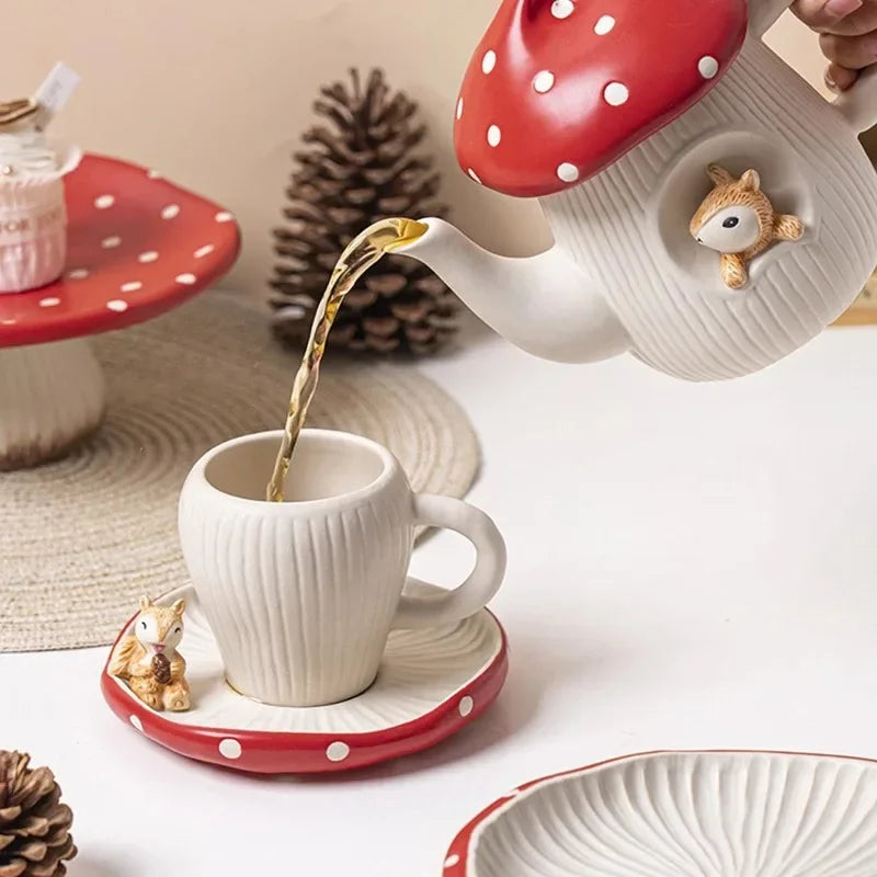 Creative Cute Mushroom Ceramic Coffee Cupcake Plate Kettle Tableware Home Cartoon Mushroom Tea Set Mug Plate Kitchen Utensils