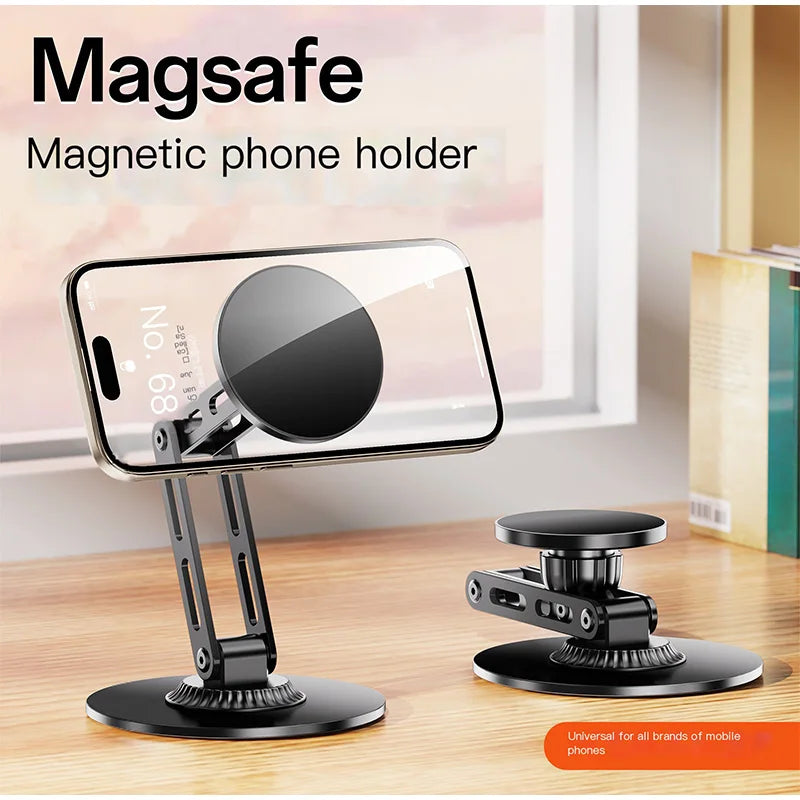 Magnetic Metal Phone Stand for Desk, 360° Rotating & 3-Axis Adjustable Height Hands-Free Live Streaming & Bedside Tablet Holder