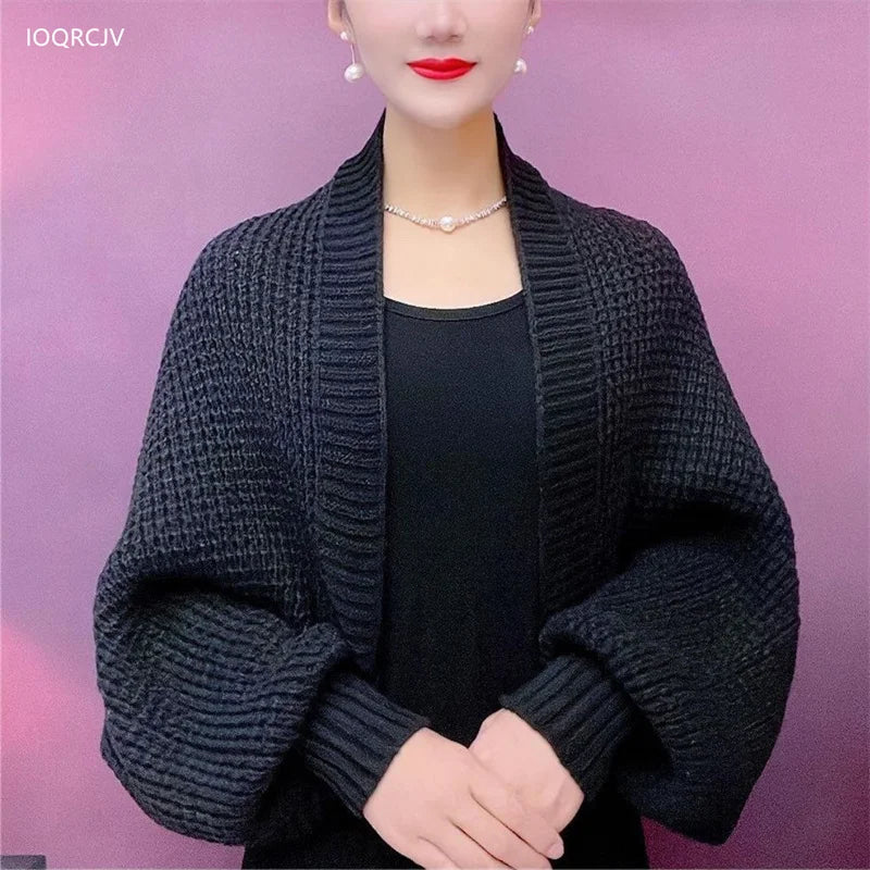 Spring Autumn Fashion Hollow Out Knitted Shawl New Long Sleeve Soft Mesh Cardigan Sweater Loose Elegant Female Knitted Cape