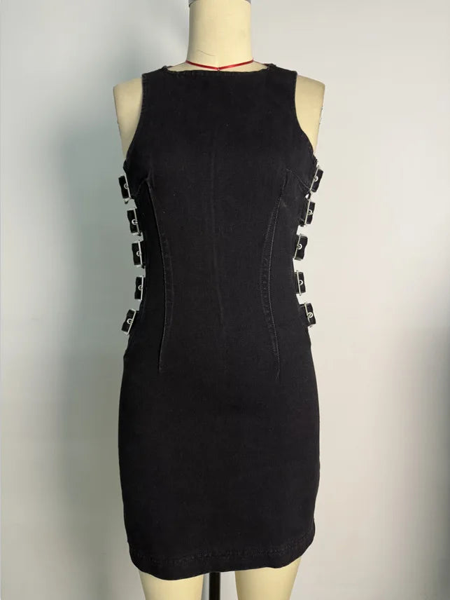 2025 Sexy American Y2K Washed Denim Lace-up Tank Dress Spring New Slim Fit Pencil Mini Skirt Streetwear Chic
