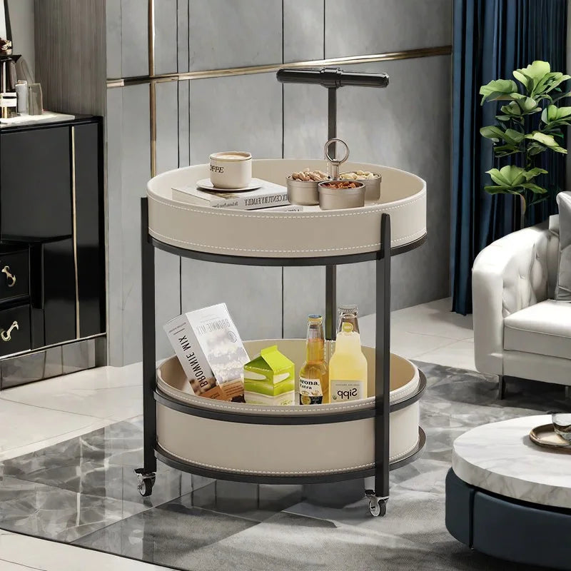 2025 New Light Luxury Sofa Side Table Movable Hotel Room Saddle Leather Trolley Home Bedroom Storage Bedside Small Coffee Table