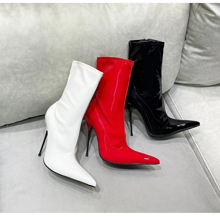 Knee-High Modern Boots Pointy Toe Women Shoes 13cm Ultra Thin Steel High Heels Metal Heel Calf Boots for Women Fun Shoes Size 46