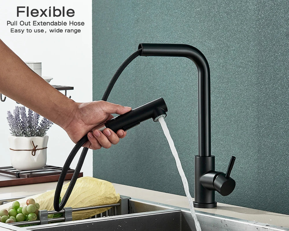 Matte Black Kitchen Faucet Pull Out Kitchen Sink Water Taps Dual Way Sprayer Mixer Tap 360 Rotation Cranes Deck Mounted