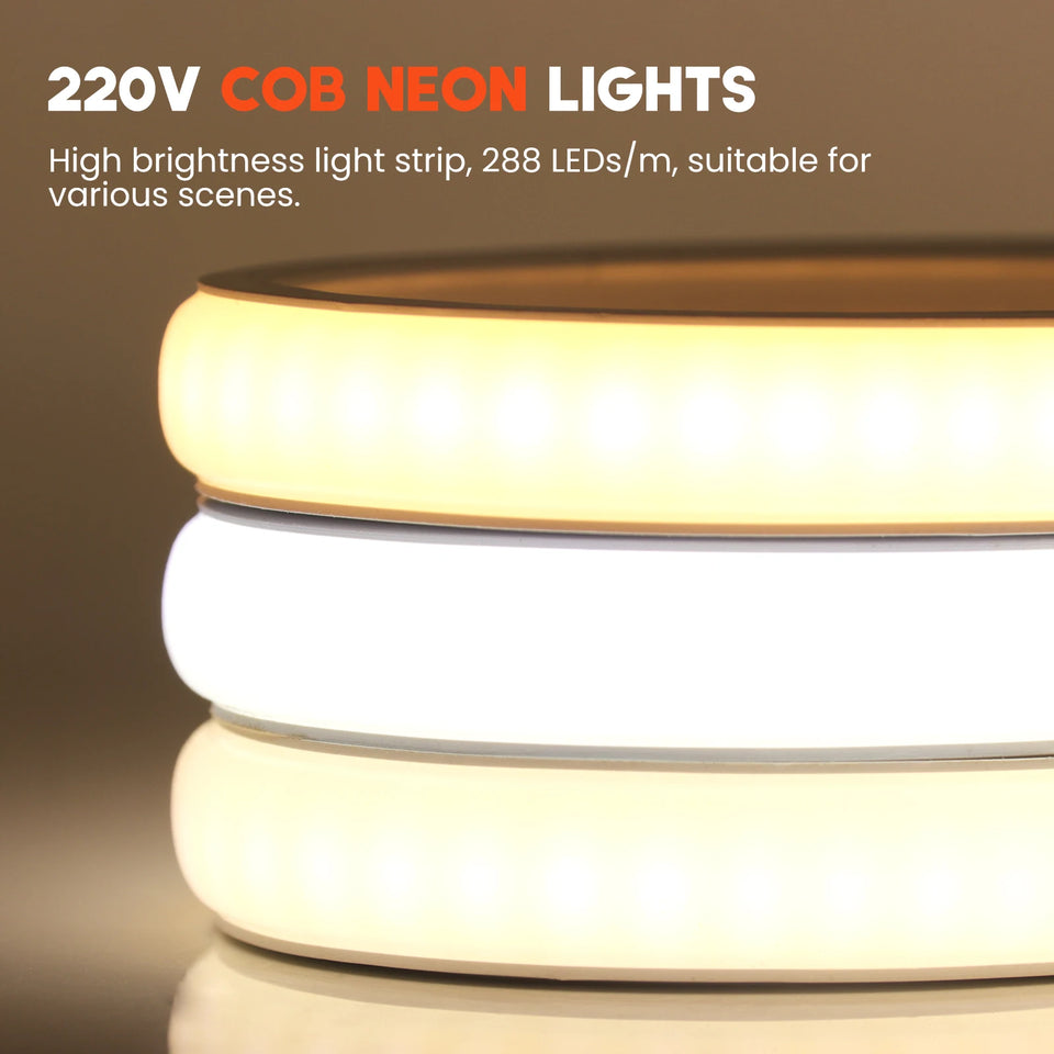 Dimmable COB LED Strip Light 220V Ra90 Waterproof 288LEDs/m Smart LED Neon Strips Flexible Ribbon Remote/Bluetooth/Wifi Control