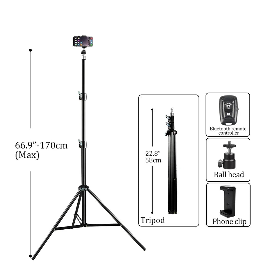 200/170/150/55cm Selfie Tripods Aluminum Light Stand For Phone Stand Mount Digital Camera Tripod With Clip Bluetooth Controller