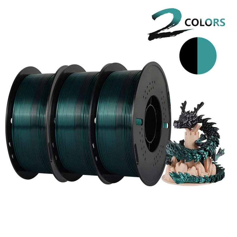 KINGROON Dual-color Silk PLA Filament 1.75mm 2 Color Coextrusion Glossy 3D Printer Filament PLA, 3kg/pack 1kg each spool