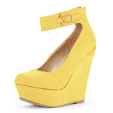 LOSLANDIFEN Women Shoes Flock Buckle Bowtie Ankle Strap High Heels Sexy 14cm Platform Wedges Female Pumps Red Wedding Shoe