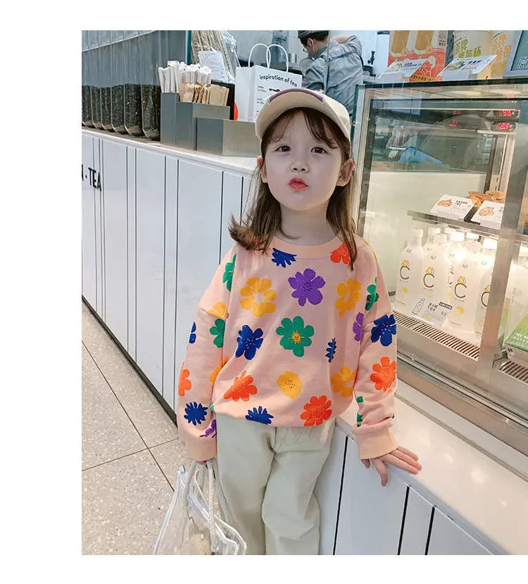 Spring Autumn Baby and Girls Sweet All-Over Flowers Sweatshirt School Kids Outfit Pullover Tops Child Workout Jumper 1-12 Years