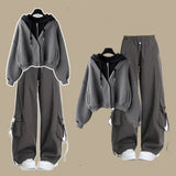 2026 Girl Spring Autumn New Casual Tracksuit Matching Set Korean Elegant Fake Two-piece Hooded Sweatshirt+Loose Cargo Pants Suit