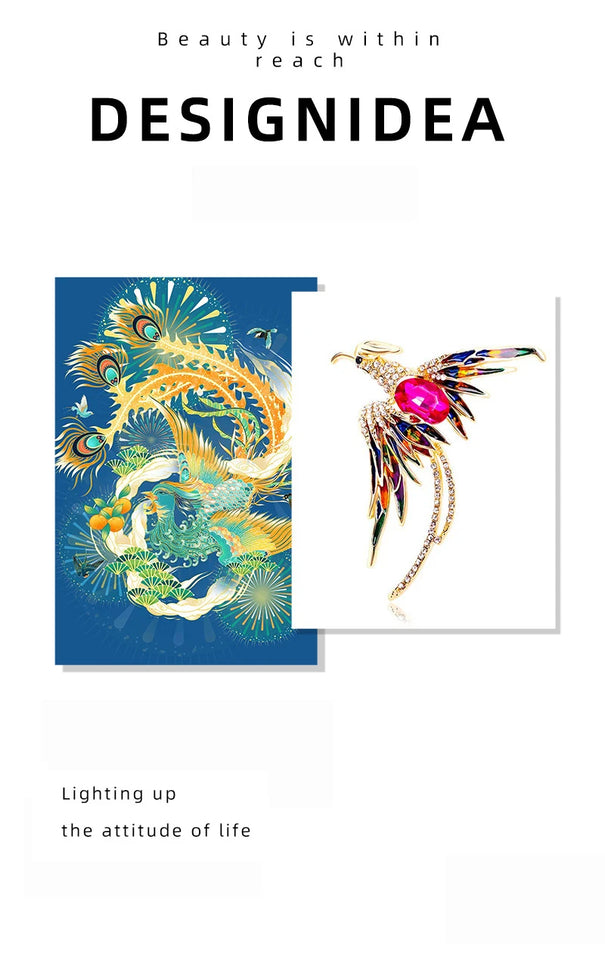 New Bathing Fire Phoenix Rhinestone Brooch Pendant Fashion Animal Sparkling Crystal Pins Clothes Bags Accessories Jewelry Gifts