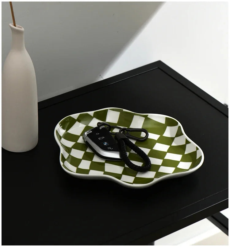 Ceramic Tray Checkerboard Jewelry Storage Plate Ring Earing Dessert Plate Home Decoration Retro Desk Organizer Kitchen Tableware