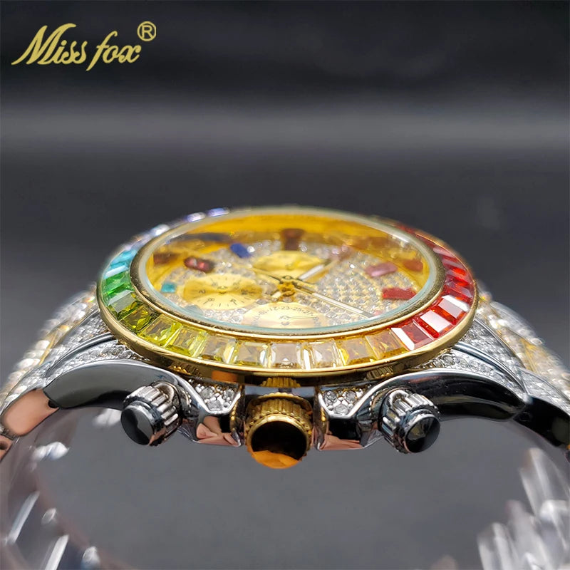 MISSFOX Men Watches 2021 Luxury Large Case With Baguette Full Diamond Quartz Wristwatch Chronograph Calendar Watch Droshipping