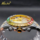 MISSFOX Men Watches 2021 Luxury Large Case With Baguette Full Diamond Quartz Wristwatch Chronograph Calendar Watch Droshipping