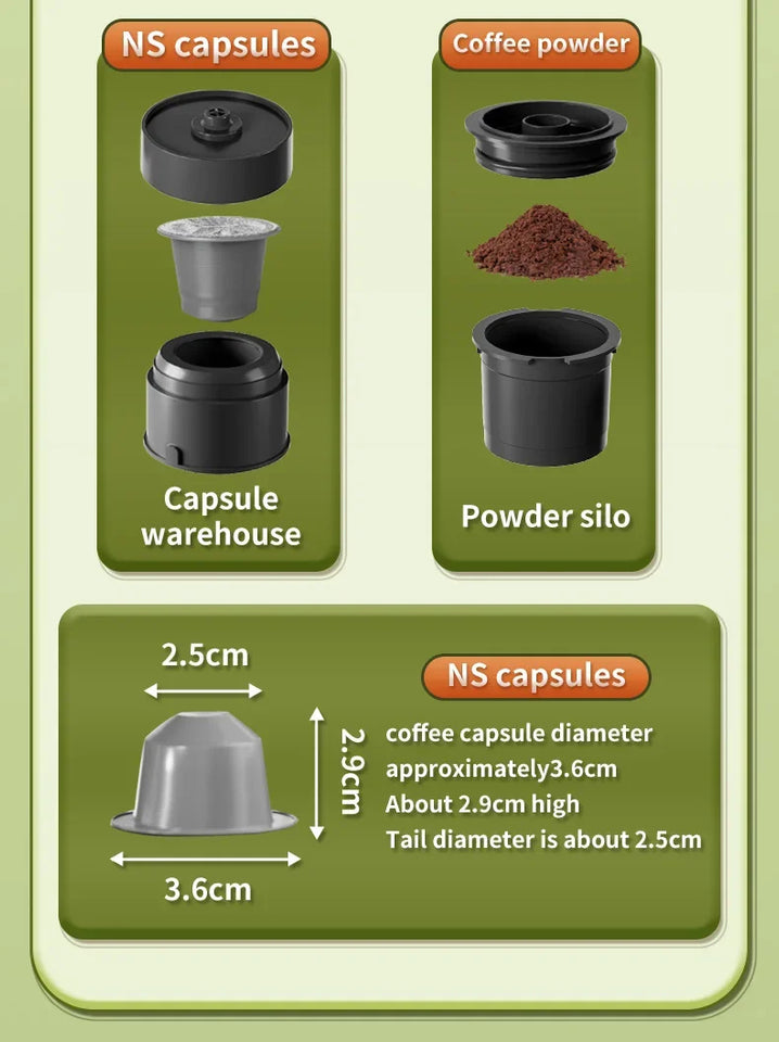 Electric Espresso Coffee Machine for Car & Home Camping Portable Coffee Maker Capsule Powder Travel 2-in-1 Wireless Coffee Maker