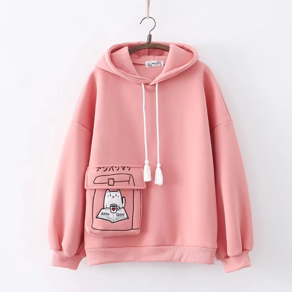 Harajuku Funny Women Hoodies 100% Cotton Winter Plus Fleece Cute Pink Anime Sweatshirt Teen Girl Kawaii Long Sleeve Y2K Hoodie