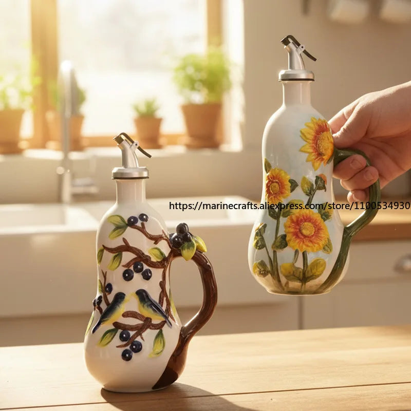 Hand-Painted Ceramic Seasoning Bottle Bird Flower Fruit Soy Sauce Vinegar Oil Bottle Coffee Table Wine Cabinet Decoration