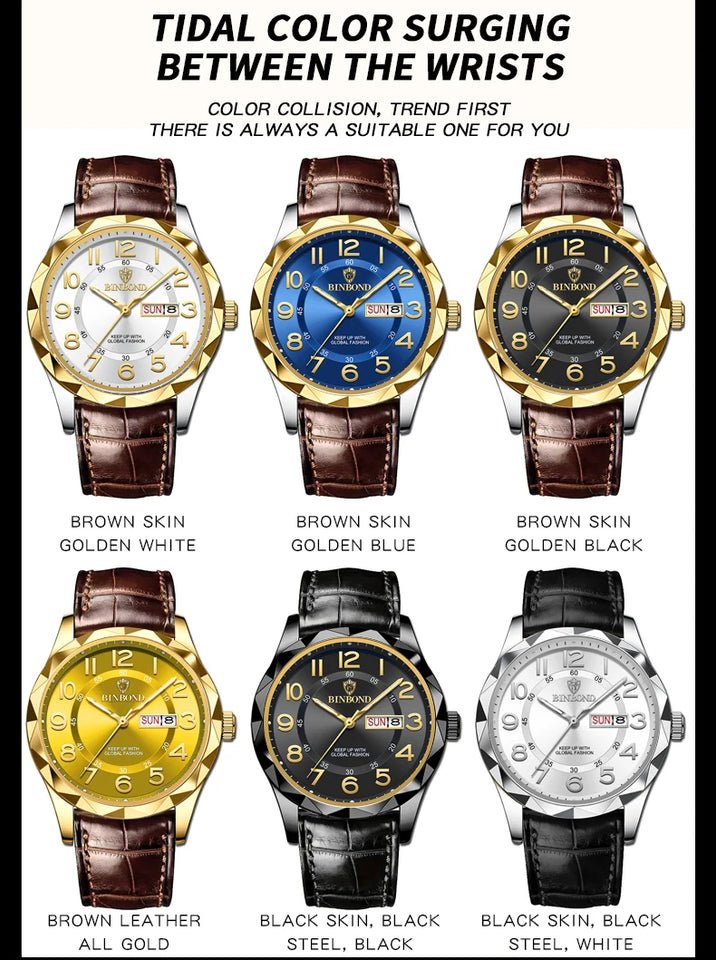BINBOND New Fashion Mens Casual Sports Watches For Men Retro Big Dial Quartz Watches Classic Leather Business Men Watches B5663