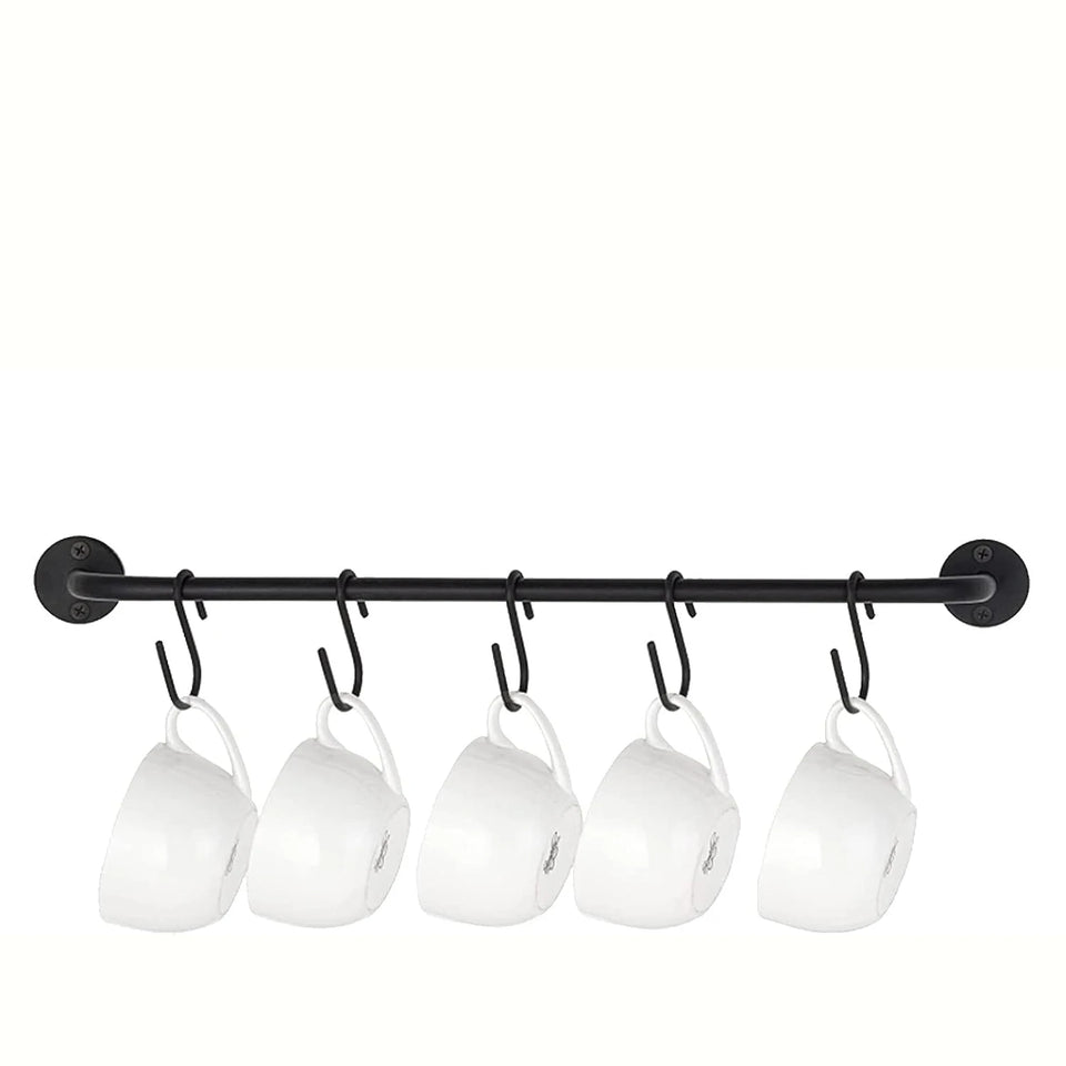1/2 Set of Wall-Mounted Coffee Cup Holder, Modern Metal with 5/10 Cup Hooks, Rustic Utensil Tea Cup Storage Rack for Kitchen, Dining Room, Coffee Bar, Black
