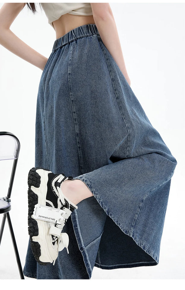 Long Denim Skirt Women 2024 Spring Summer New Arrivals High Elastic Waist A Line Jeans Skirts Korean Fashion Casual Blue Skirts