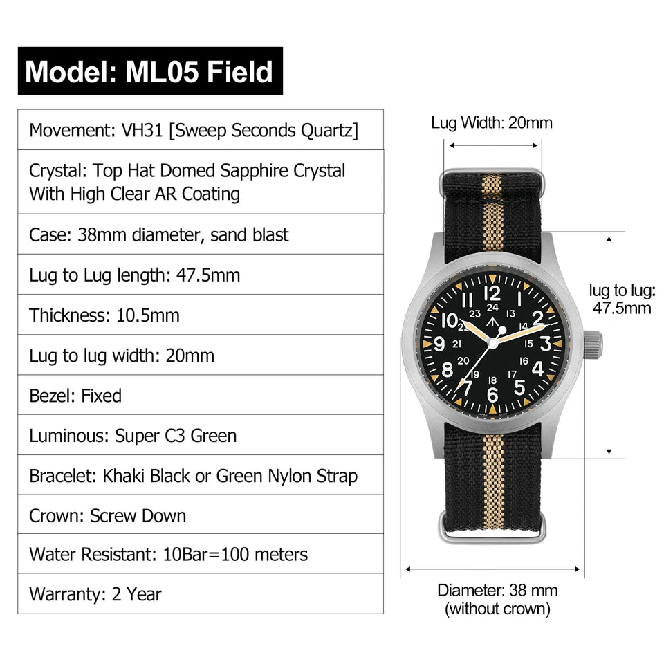 Militado ML05 Field Watch 38mm VH31 Sweep Quartz Movement Sapphire Crystal 100M Water Resistant Screw-Down Crown Men's Watches