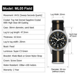 Militado ML05 Field Watch 38mm VH31 Sweep Quartz Movement Sapphire Crystal 100M Water Resistant Screw-Down Crown Men's Watches