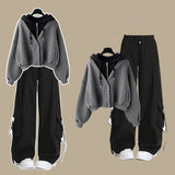 2026 Girl Spring Autumn New Casual Tracksuit Matching Set Korean Elegant Fake Two-piece Hooded Sweatshirt+Loose Cargo Pants Suit