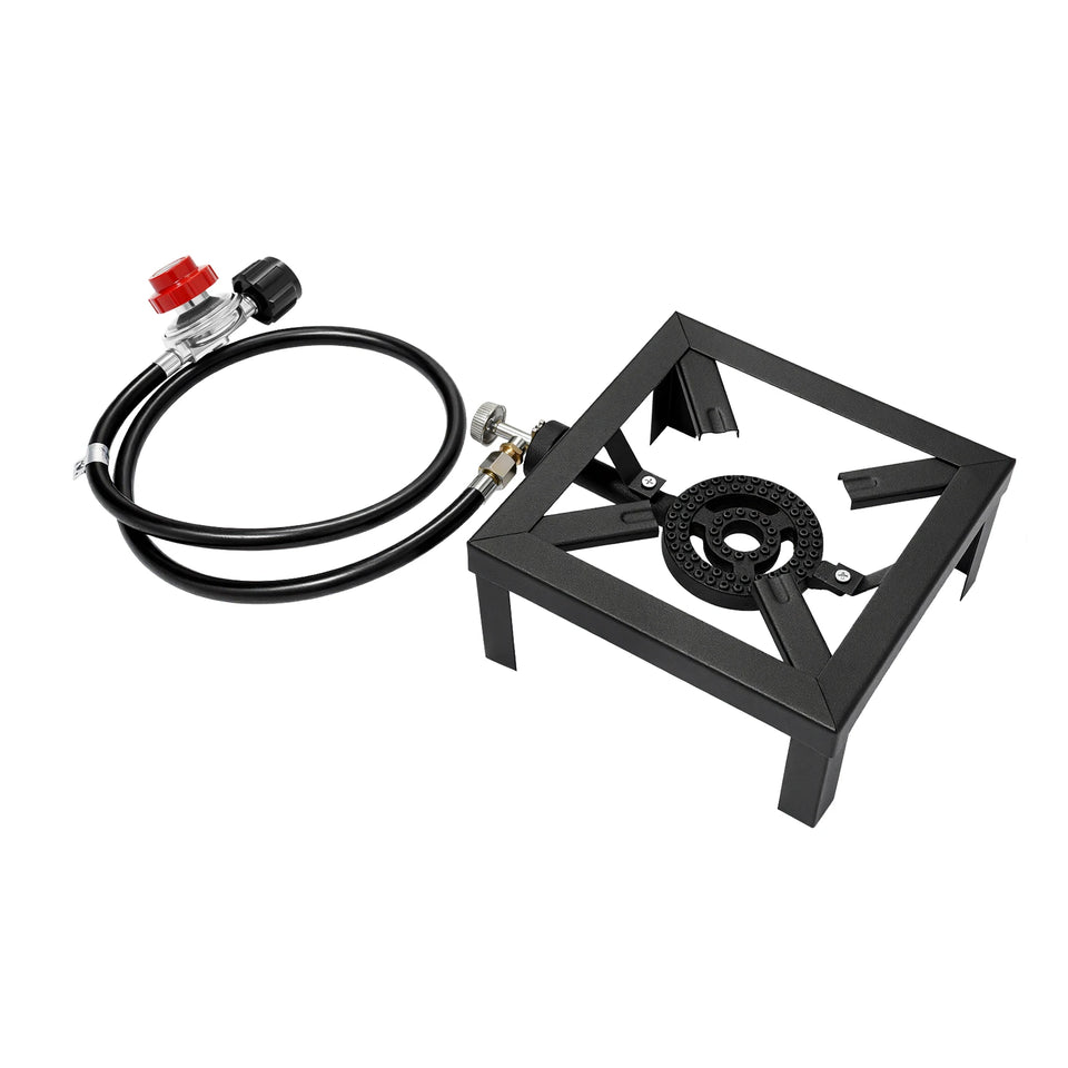 Portable Double Burner Outdoor Gas Stove Propane Cooker with Adjustable 0-10Psi Regulator Hose for Patio Camping, BBQ, Home