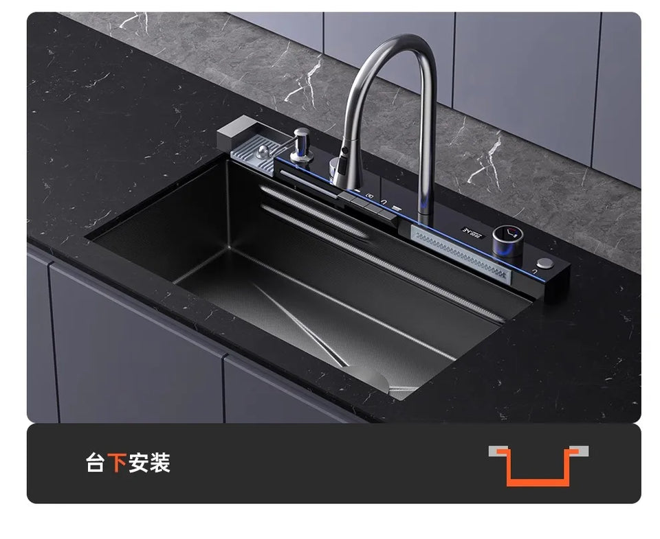 304 Stainless Steel Kitchen Sink, Large Single Sink, Thickened Whale Relief, Digital Display, Washbasin, Washbasin