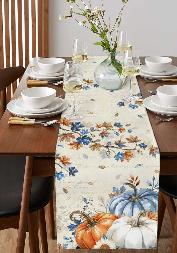 Fall Blue Orange Pumpkins Linen Table Runner Thanksgiving Decoration Autumn Maple Leaf Flowers Printed Table Runners Party Decor