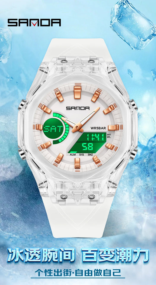 SANDA Top New 6283 Dual Display Multifunctional Student Electronic Watch Alarm Clock Night Light Waterproof Sports Student Watch