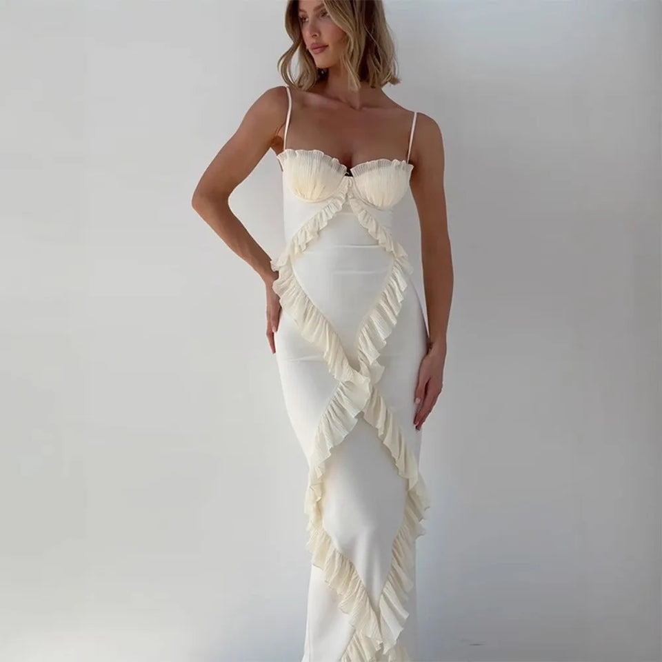 Fashion Patchwork Lace Bag Strap Tops Strapless Women's Beige White Dress Summer Elegant Sexy Nightclub Slit Low Breasts Dresses