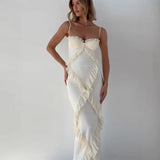 Fashion Patchwork Lace Bag Strap Tops Strapless Women's Beige White Dress Summer Elegant Sexy Nightclub Slit Low Breasts Dresses