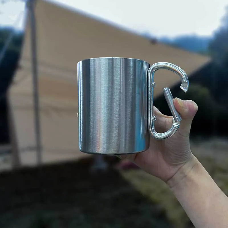 Stainless Steel Mountaineering Water Cup Button Coffee Camping Mug with Carabiner Handle Climbing Hiking Backpacking Travel Cups