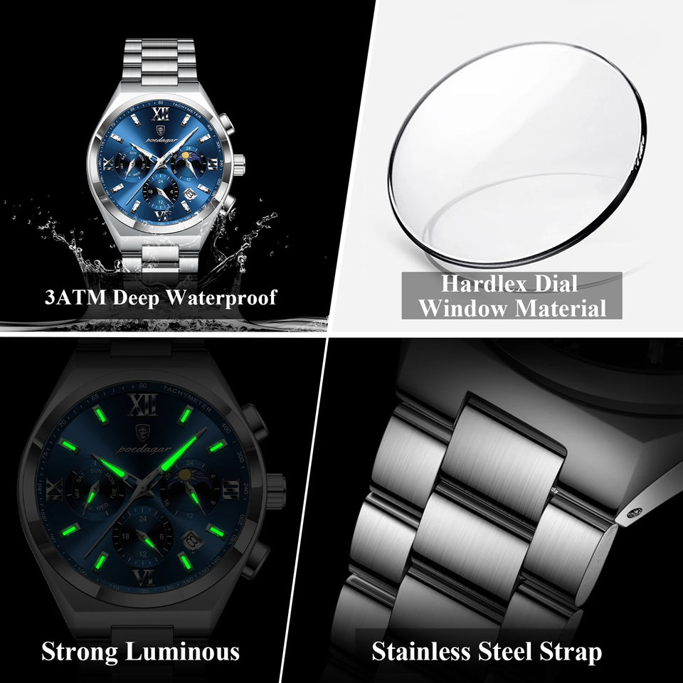 POEDAGAR Fashion Functional Man Wristwatch Luminous Week Date Business Watch For Men Stainless Steel Sports Men's Quartz Watches