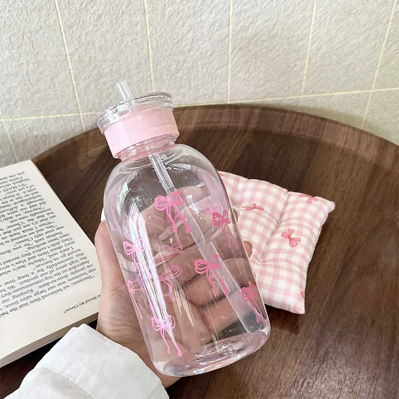 Kawaii Water Bottle Aesthetic Tumbler For Ice Coffee Juice Tea Cute Bowknot Plastic Cups With Straw Lid Portable Drinking Bottle
