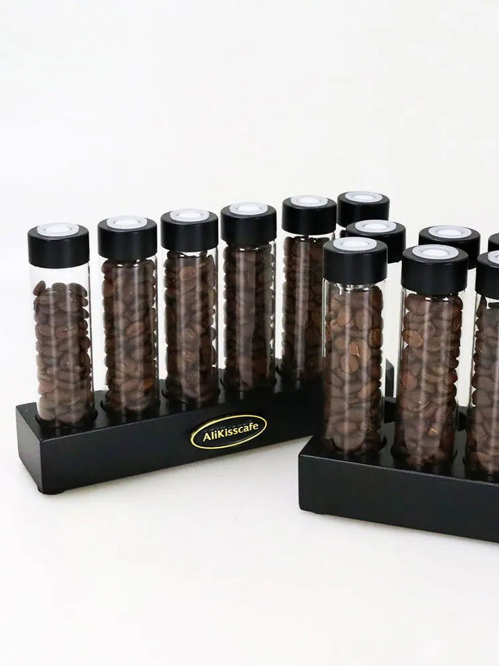 Coffee Beans Storage Container Glass Tube Bottle With Breathable Lid Wooden Display Rack Barista Accessories Coffeware Sets Gift