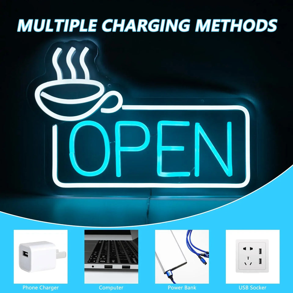 Coffee Open Neon Sign For Wall Decor Studio Room Led Lights, Open Decor Neon Signs Aesthetic Operated Light For Door Decorations