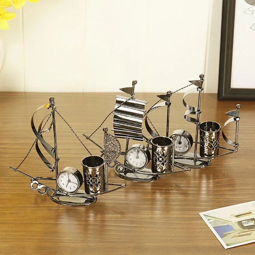 Creative Sailboat Shaped Pen Holder With Clock Office Pencil Box Desk Organizer Stand Case Stationery, Home Desktop Decoration