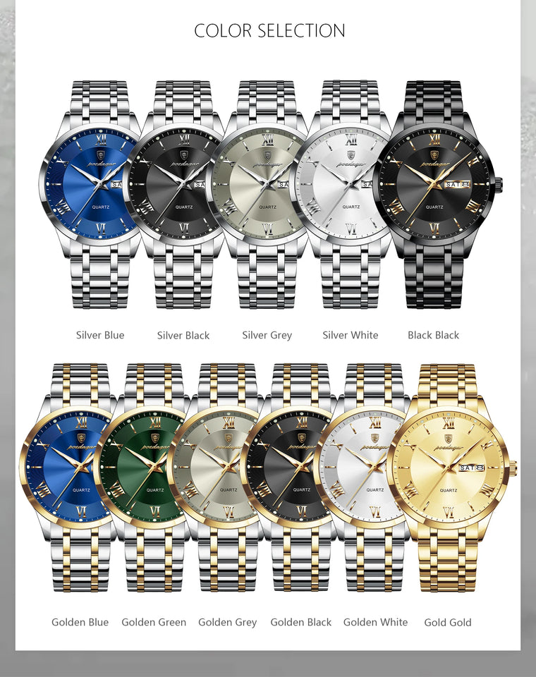POEDAGAR Luxury Man Clock Waterproof Luminous Week Date Fashion Men's Wristwatch Stainless Steel Business Quartz Watches For Men
