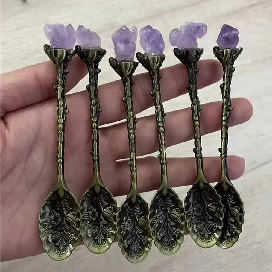Natural Purple Amethyst Metal Spoons  Coffee Spoon Dessert Copper Spoon Long Handle Vintage Ice Cream Mixing Spoon